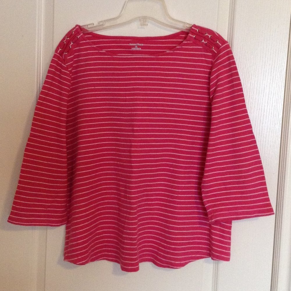 Studio Works Women's Size XL Pink White Stripped Top 3/4 Sleeves Cotton Casual